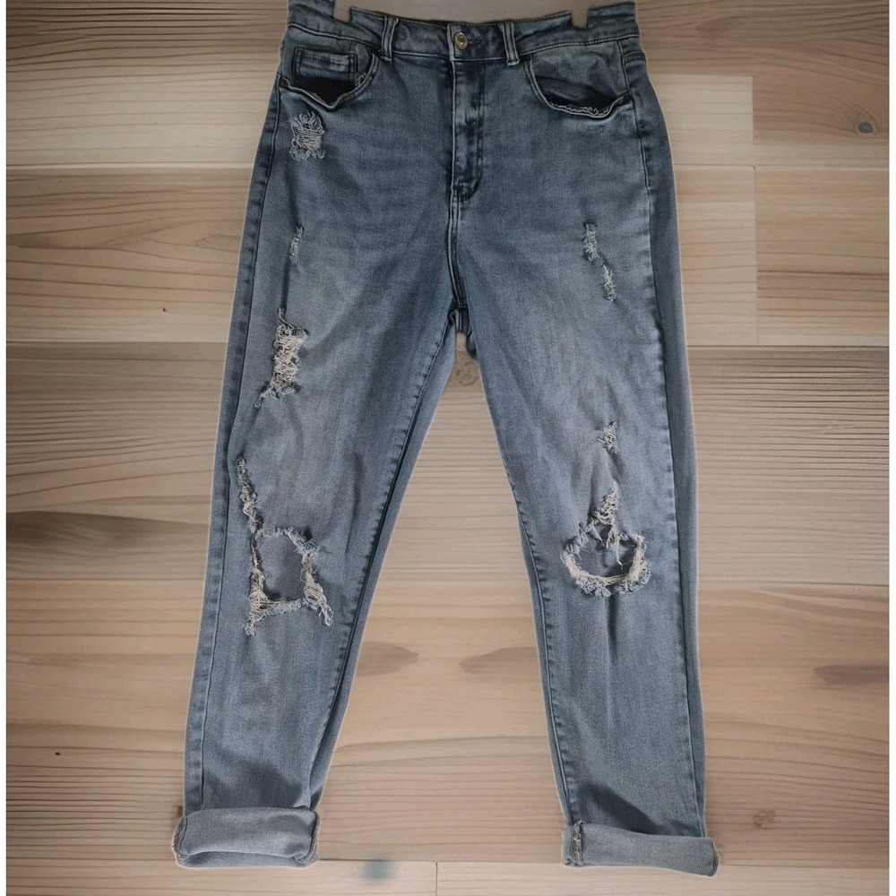 Wax Jean Women's 13/31 Distressed High Rise Mom Jeans Light Wash